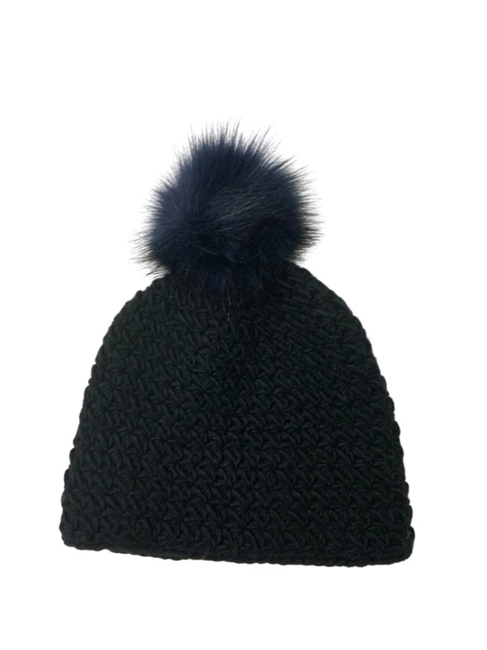 Surell Hand-Knit Black Beanie With Midnight Blue Faux Fox Fur Pom Pom